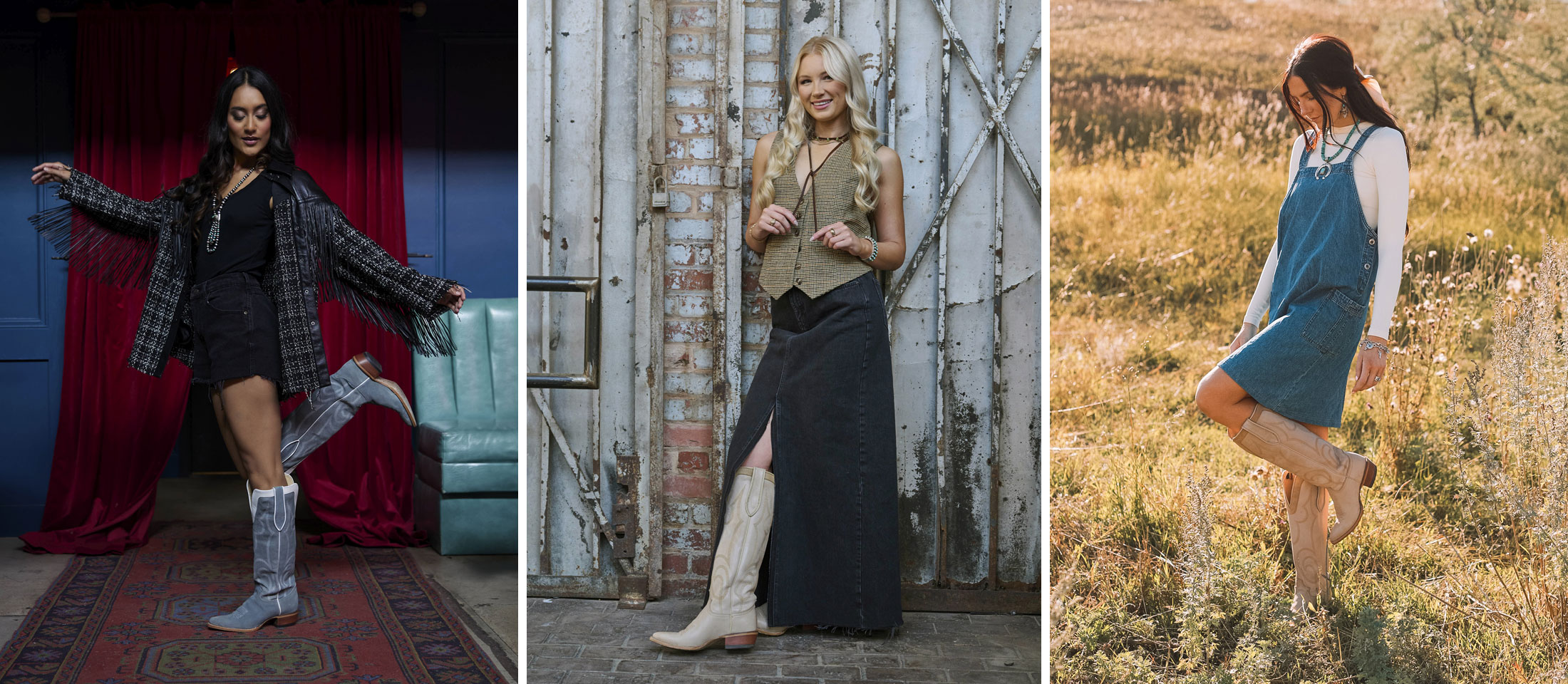 A photo montage of woman wearing western boots.